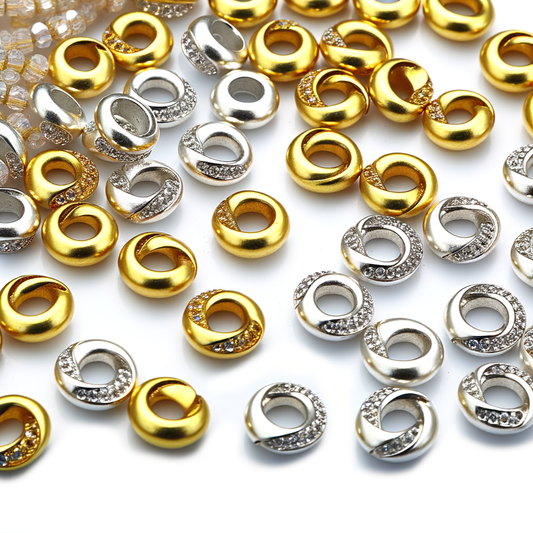 Enhance Your Jewelry Designs with Diverse Curve Roundel Gold and Silver Beads Featuring Clear Rhinestones