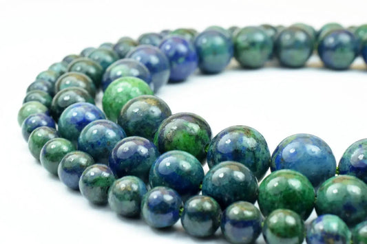 "Blue and green azurite malachite gemstone beads on strand"