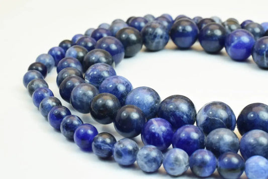 Blue sodalite gemstone beads necklace close-up.