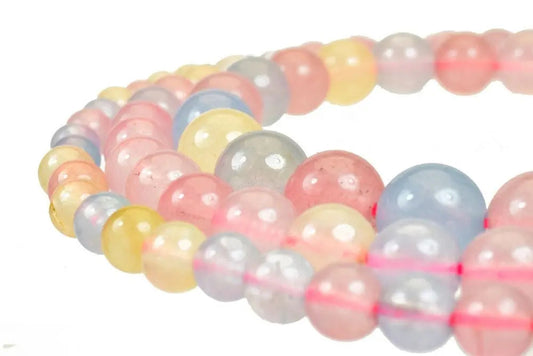 Multi-colored gemstone beaded bracelet with pink, yellow, and blue beads.