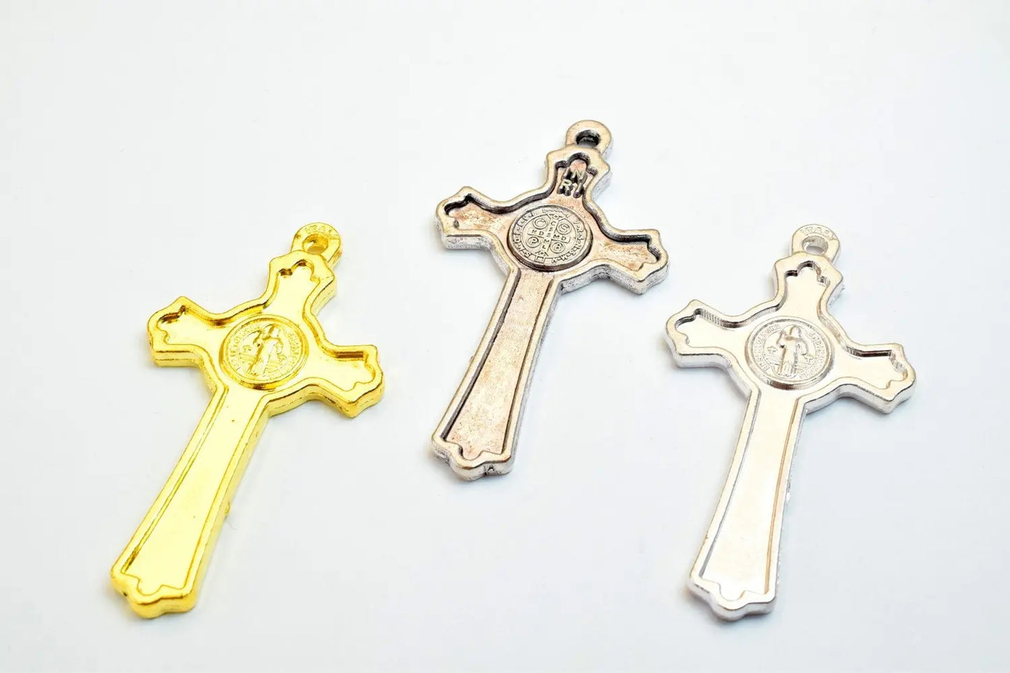 12 PCs Cross Charm With St Benedict Rosary Gothic Religious Gothic Christian Pendant Baptism Favor First Communion Jewelry Making# C - BeadsFindingDepot