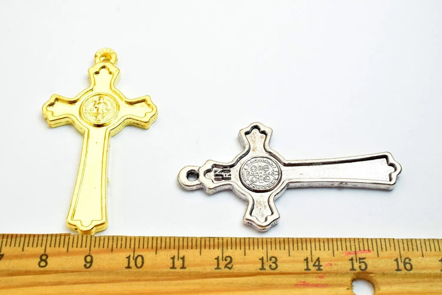 12 PCs Cross Charm With St Benedict Rosary Gothic Religious Gothic Christian Pendant Baptism Favor First Communion Jewelry Making# C - BeadsFindingDepot