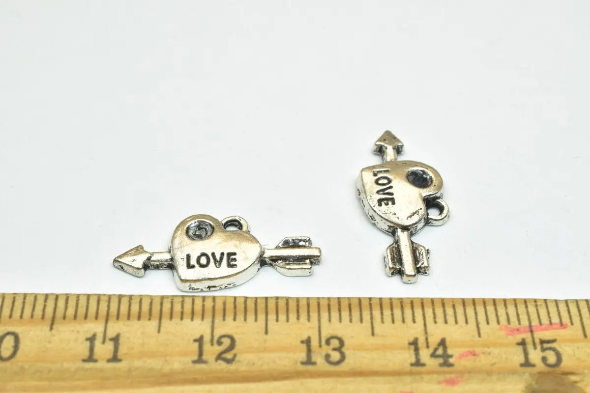 14 PCs Love Heart Charm Beads 3 Colors Alloy Metal Size 9x21mm Decorative Design Metal Beads 1.5mm JumpRing Opening for Jewelry Making - BeadsFindingDepot