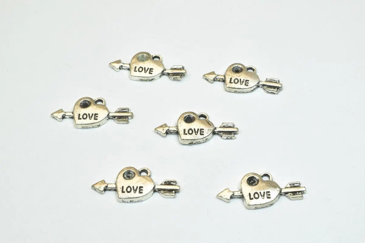 14 PCs Love Heart Charm Beads 3 Colors Alloy Metal Size 9x21mm Decorative Design Metal Beads 1.5mm JumpRing Opening for Jewelry Making - BeadsFindingDepot