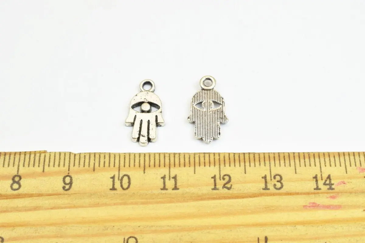 15 PCs Silver Alloy Hamsa Hand Charm Bead Antique Silver Size 16x8.5mm Decorative Design Metal Beads 3mm JumpRing Opening for Jewelry Making - BeadsFindingDepot