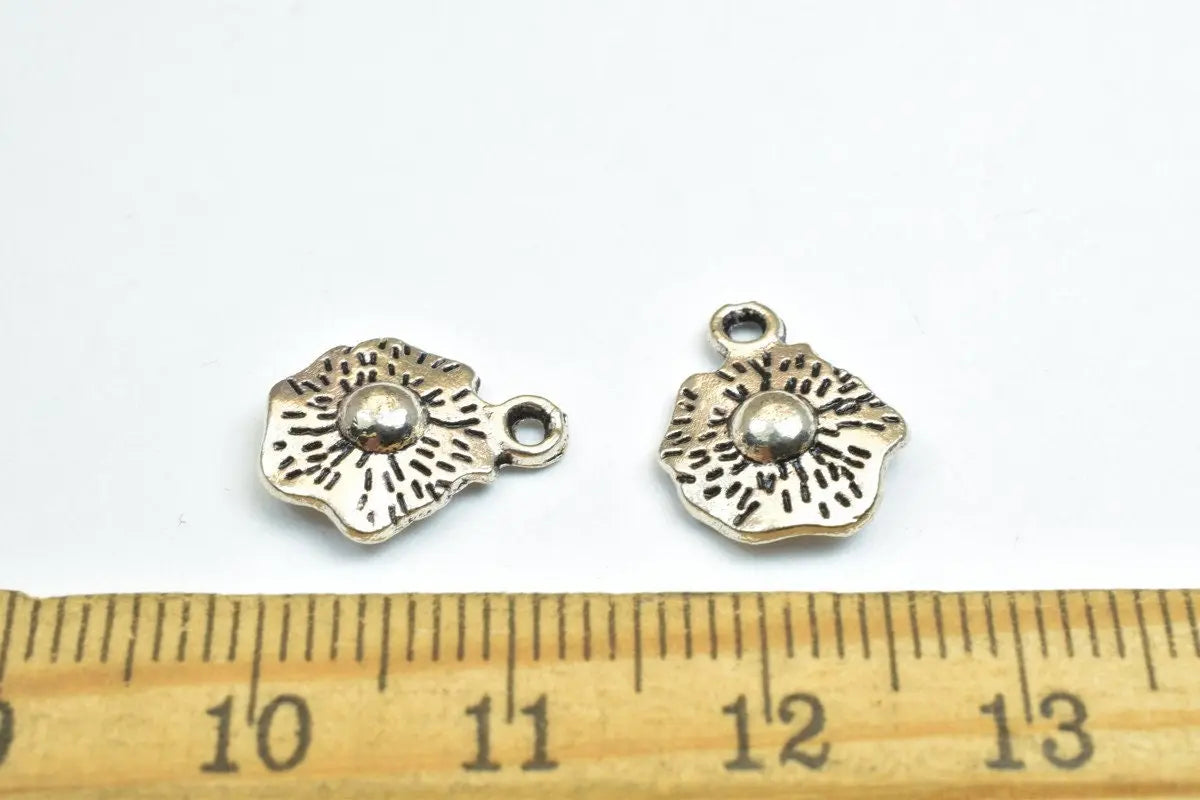 20 PCs Flower Charm Antique Silver Alloy Charm Beads Size 13x10x3.5mm Jump Ring Size 1.5mm Decorative Design Metal Beads For Jewelry Making - BeadsFindingDepot