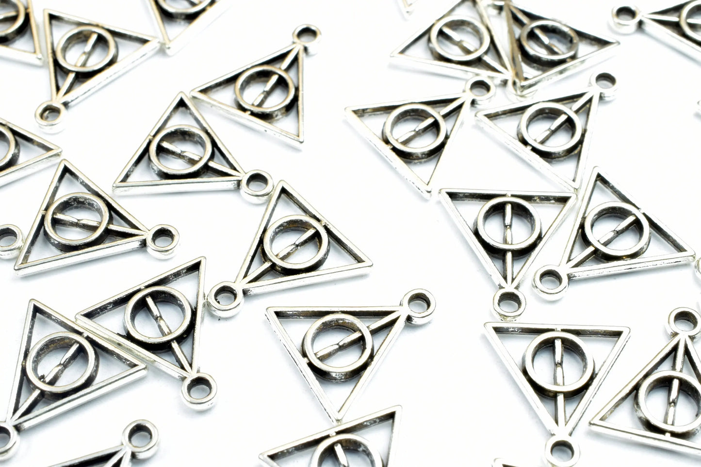 34PCs Triangle Charms Antique Tibetan Silver Tone Double Face Charm Size 13x12mm, 1.5mm Jump Ring Findings for Jewelry Making - BeadsFindingDepot