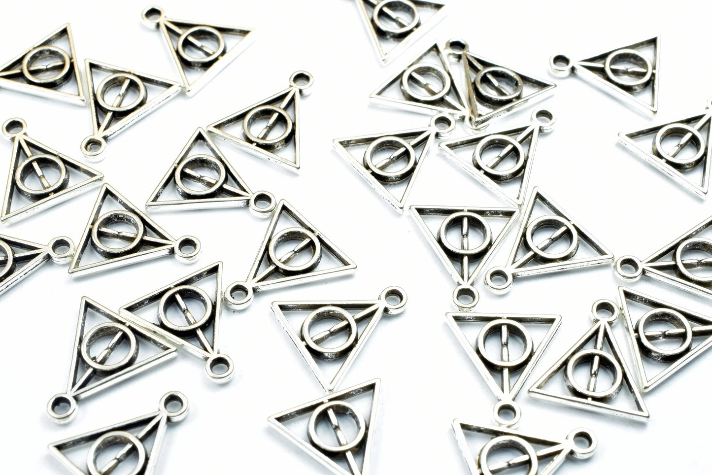 34PCs Triangle Charms Antique Tibetan Silver Tone Double Face Charm Size 13x12mm, 1.5mm Jump Ring Findings for Jewelry Making - BeadsFindingDepot