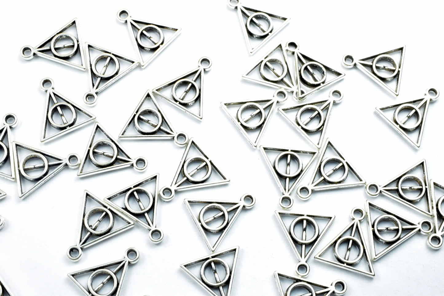 34PCs Triangle Charms Antique Tibetan Silver Tone Double Face Charm Size 13x12mm, 1.5mm Jump Ring Findings for Jewelry Making - BeadsFindingDepot