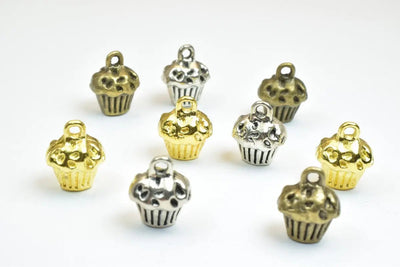 6 PCs Silver Alloy Cup Cake Charm Beads Antique Silver Size 13x10x8mm Decorative Design Metal Beads 3mm JumpRing Opening for Jewelry Making - BeadsFindingDepot