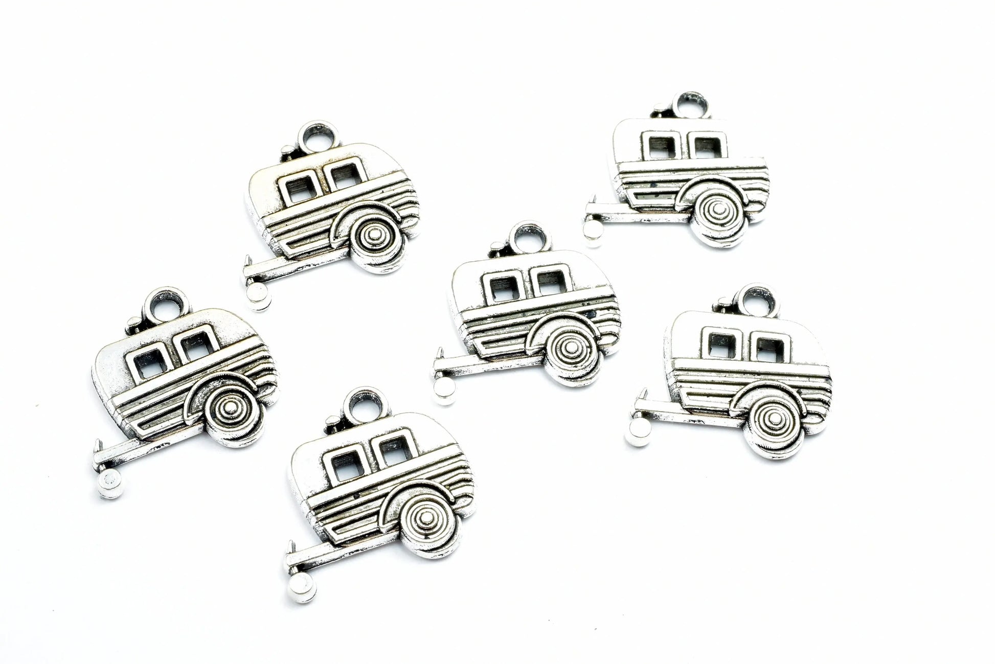 6 PCs Trailer Charm Beads Antique Tibetan silver tone Travel Trailer Happy Camper 19x18mm, 2.5mm Jump Ring Findings for Jewelry Making - BeadsFindingDepot