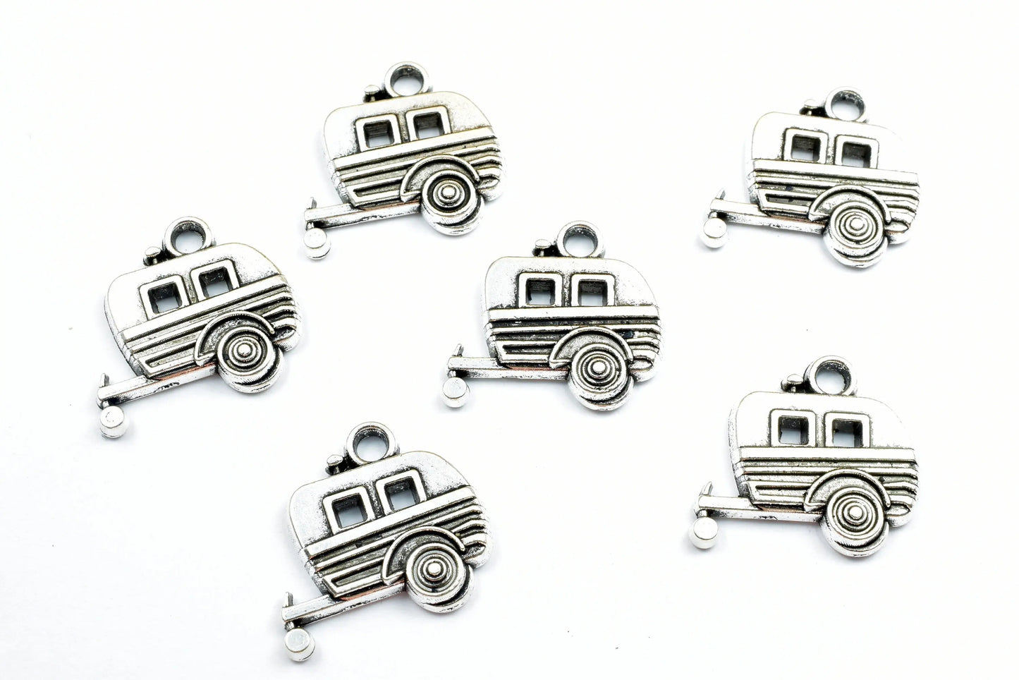 6 PCs Trailer Charm Beads Antique Tibetan silver tone Travel Trailer Happy Camper 19x18mm, 2.5mm Jump Ring Findings for Jewelry Making - BeadsFindingDepot