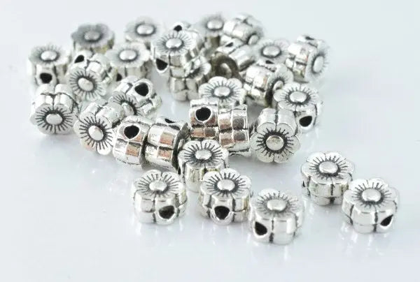 6m Antique Silver Spring Floral Metal Beads, Sold by 1 pack of 30pcs, 1m hole opening , 4mm bead thickness - BeadsFindingDepot