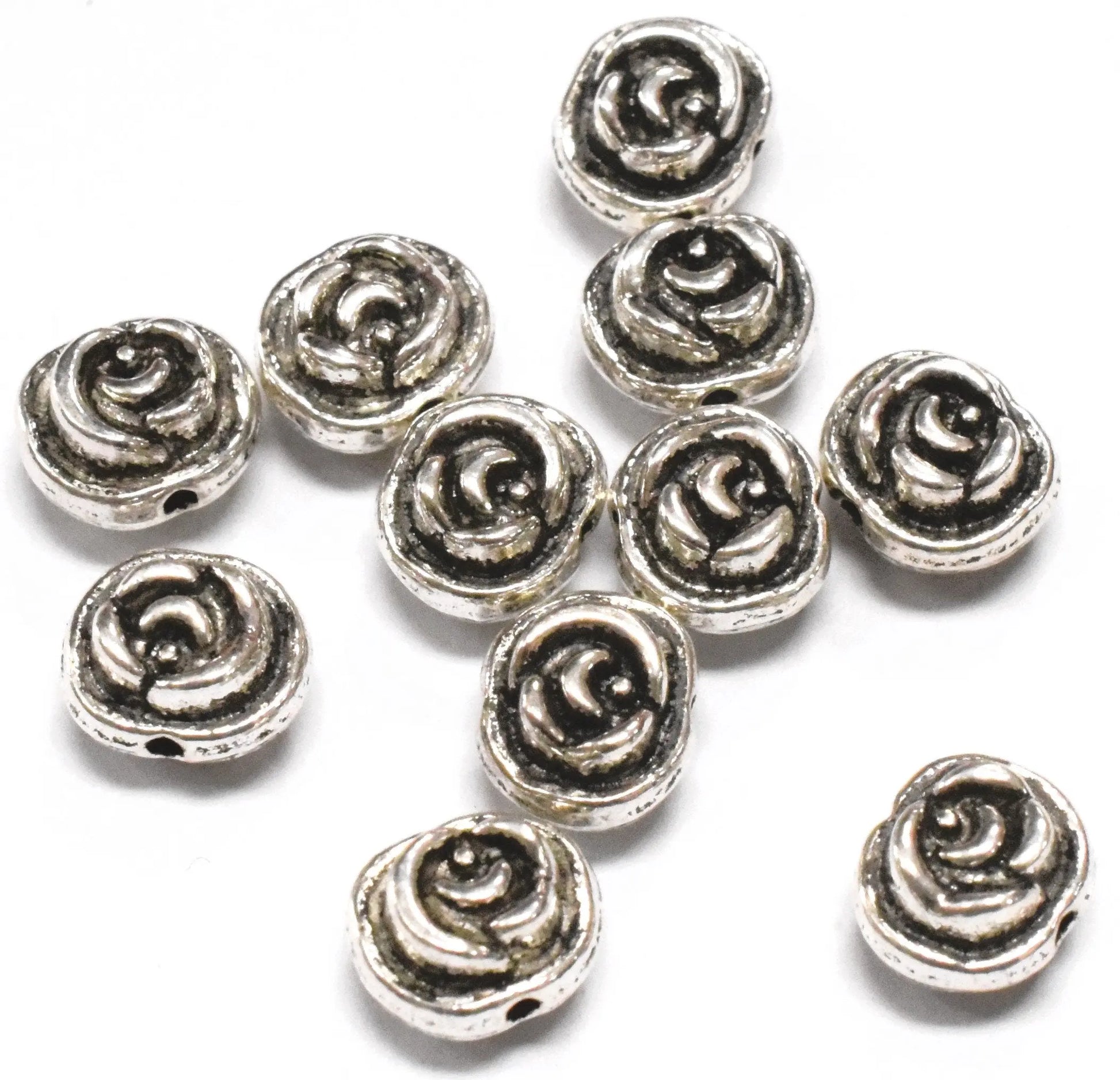 14PCs Rosette Flower Antique Silver Alloy Connector Beads 10x4mm/8x6mm Black Accent Decorative Double Side Hole Size 1mm For Jewelry Making - BeadsFindingDepot