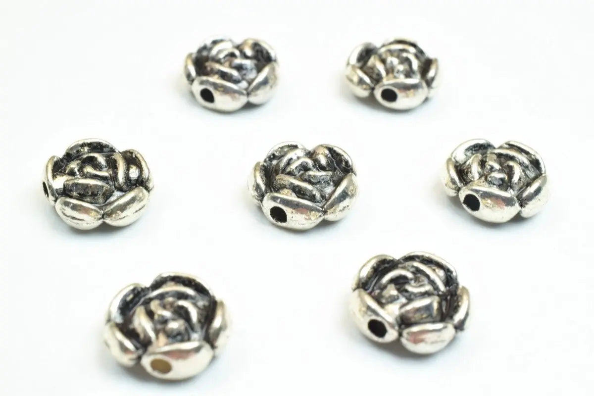 14PCs Rosette Flower Antique Silver Alloy Connector Beads 10x4mm/8x6mm Black Accent Decorative Double Side Hole Size 1mm For Jewelry Making - BeadsFindingDepot