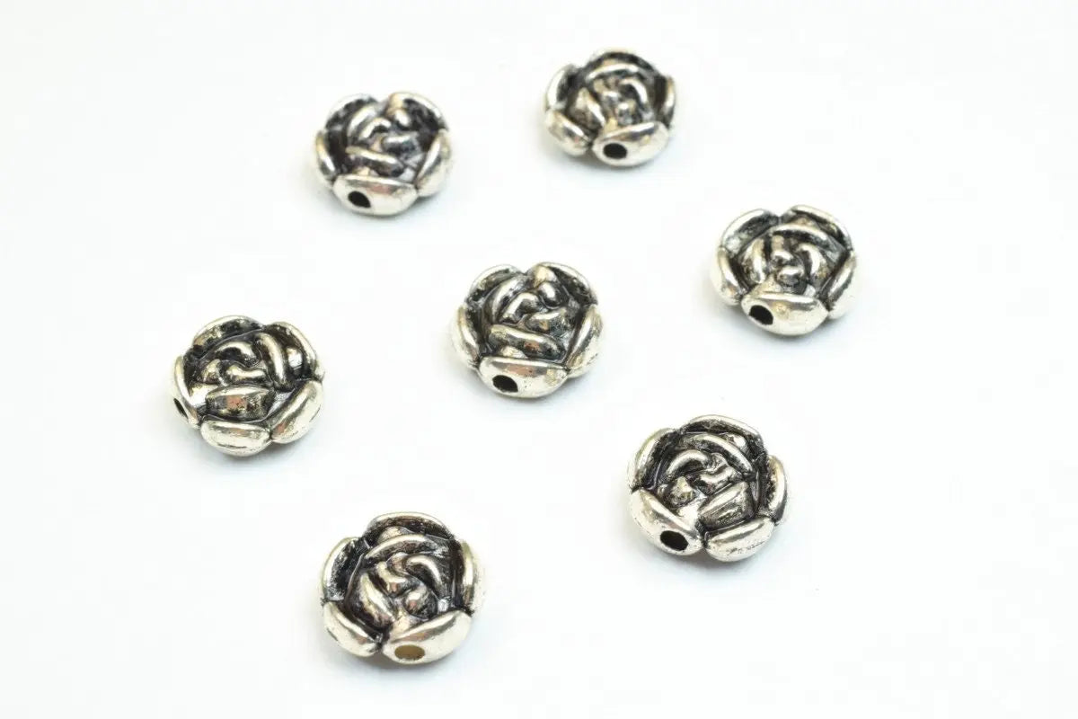 14PCs Rosette Flower Antique Silver Alloy Connector Beads 10x4mm/8x6mm Black Accent Decorative Double Side Hole Size 1mm For Jewelry Making - BeadsFindingDepot