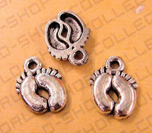 18 PCs Baby Feet Penny Alloy Charm Gold/Antique Green/Antique Silver Beads Size 13x10mm JumpRing Size 1.5mm Decorative Design Jewelry Making - BeadsFindingDepot