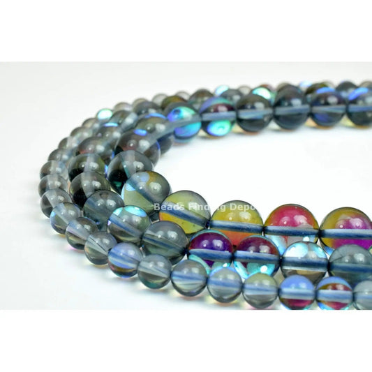 "Round iridescent glass beads in multicolor strand"