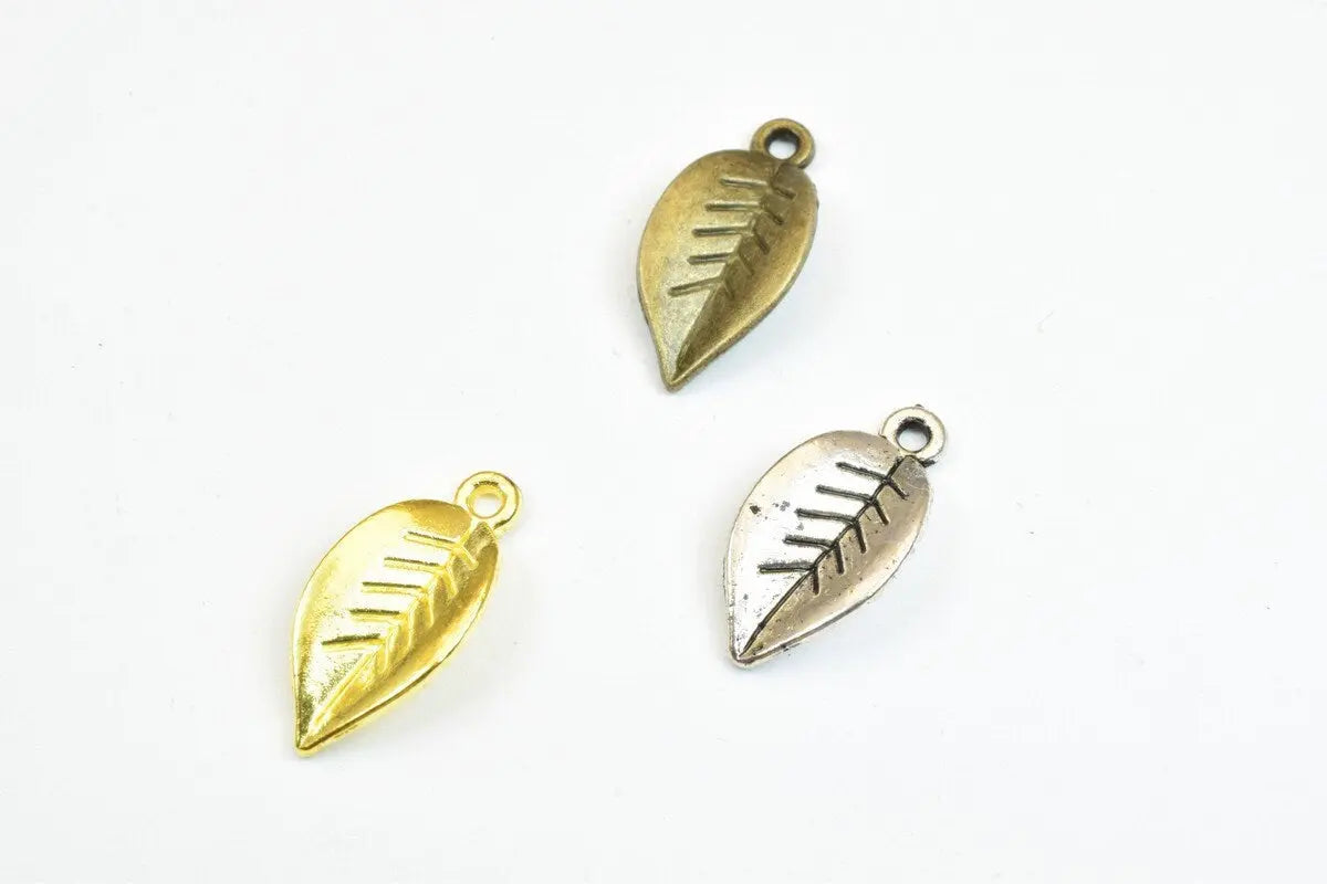 14 PCs Leaf Silver/Gold/Bronze Alloy Charm Beads Size 18x9.5mm Jump Ring Size 1.5mm Winter Leaf For Jewelry Making - BeadsFindingDepot