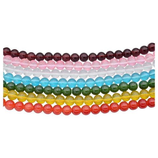 Multicolored glass bead strings for jewelry making.