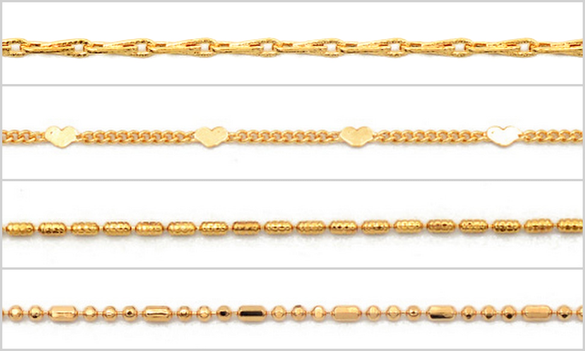 18K Gold Filled Beaded Chain Selection - Barleycorn, Heart Cuban, Beaded Tube, and Beaded Chain Designs - BeadsFindingDepot