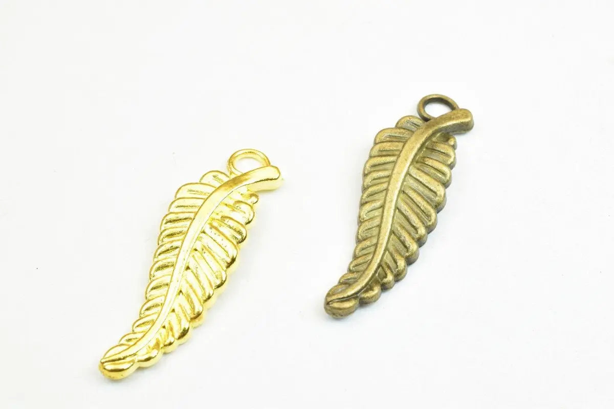 6 PCs Leaf Charm Pendants Antique Green/Gold Beads Metal Alloy Size 31.5x10mm Jump Ring Size 6mm For Jewelry Making - BeadsFindingDepot