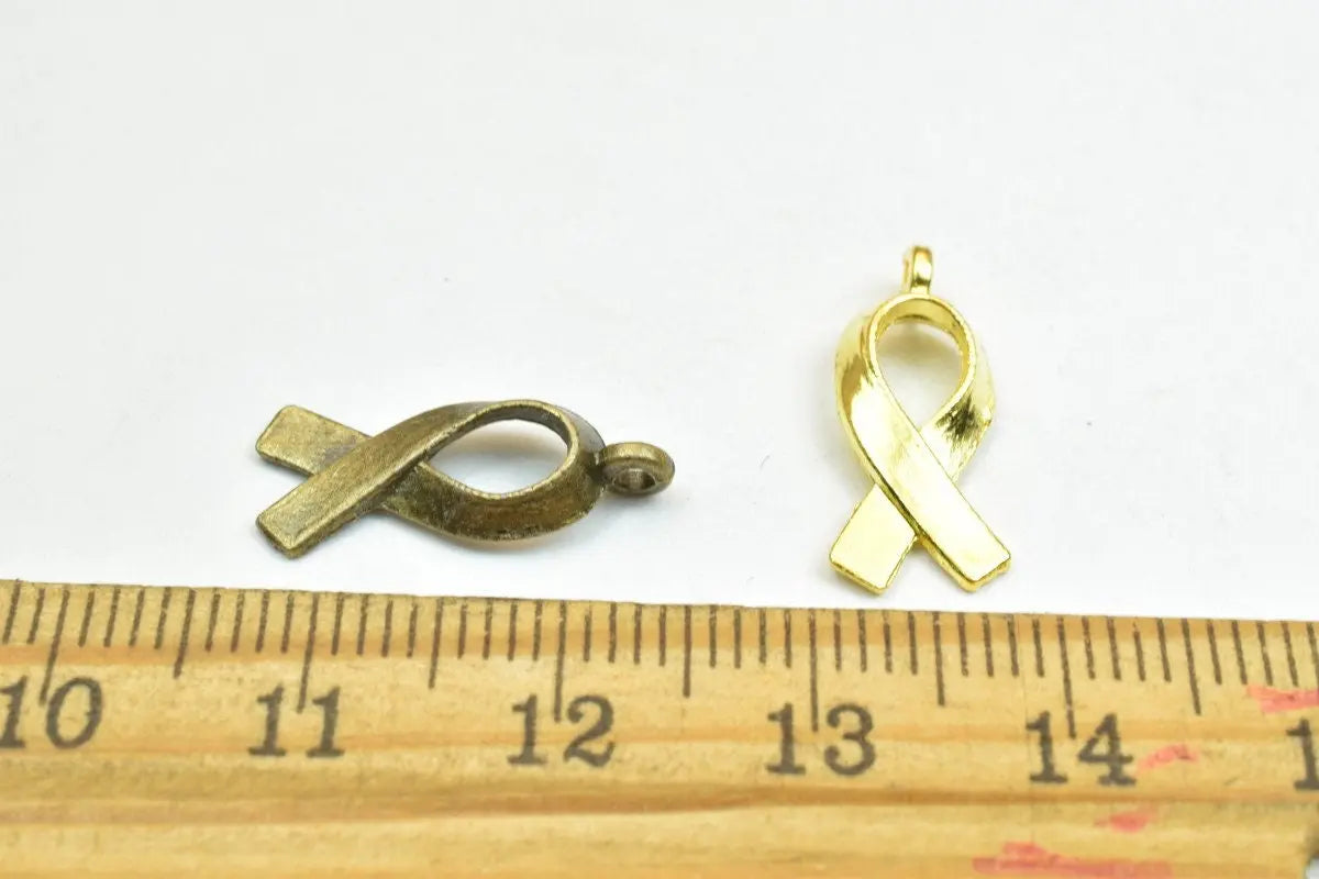 12 PCs Breast Cancer Charm Pendant Bead Antique Green/Gold Size 13x7mm Decorative Design Metal Beads 1mm JumpRing Opening for Jewelry Making - BeadsFindingDepot