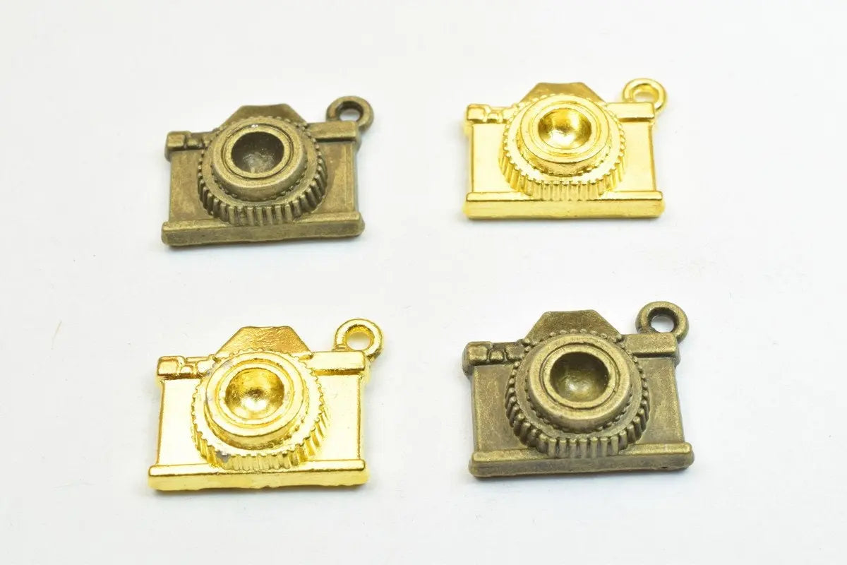 4 PCs Alloy Camera Pendant Charm Antique Green/Gold Size 16x20mm Thickness 6.5mm Jump Ring 2mm Decorative Design For Jewelry Making - BeadsFindingDepot