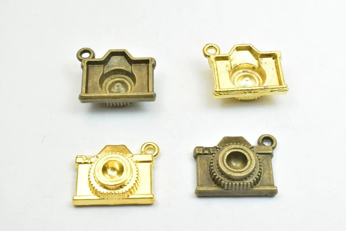 4 PCs Alloy Camera Pendant Charm Antique Green/Gold Size 16x20mm Thickness 6.5mm Jump Ring 2mm Decorative Design For Jewelry Making - BeadsFindingDepot