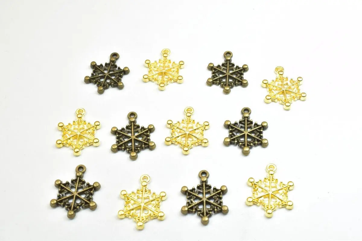 12 PCs Snowflake Charm Pendant Beads Antique Green/Gold Size 20x15mm Decorative Design Metal Beads 1mm JumpRing Opening for Jewelry Making - BeadsFindingDepot