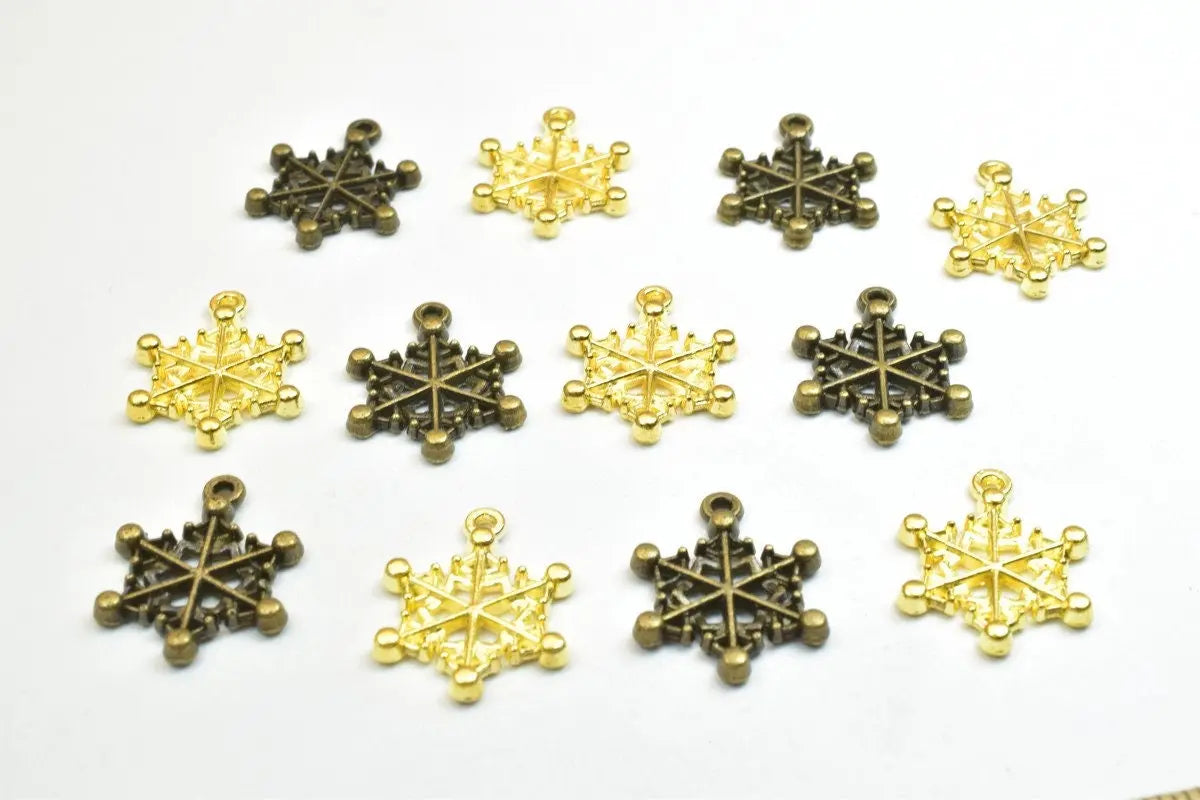 12 PCs Snowflake Charm Pendant Beads Antique Green/Gold Size 20x15mm Decorative Design Metal Beads 1mm JumpRing Opening for Jewelry Making - BeadsFindingDepot