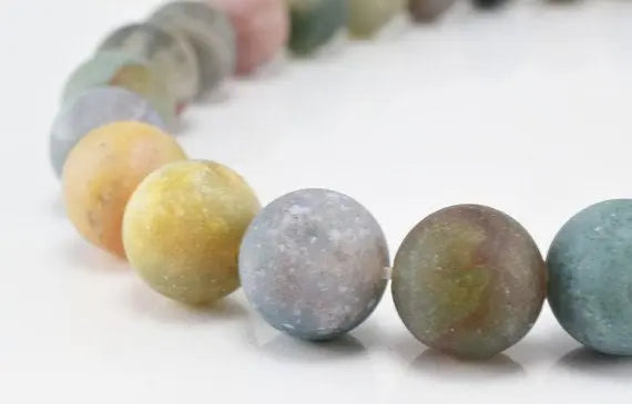 Colorful frosted matte agate bead necklace, close-up view.