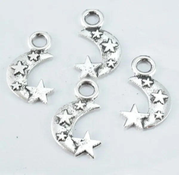 19m Antique Silver Moon Stars Pendant Charm Black accent detailed coloring 3mm Closed loop 25pcs/PK 1mm thickness - BeadsFindingDepot