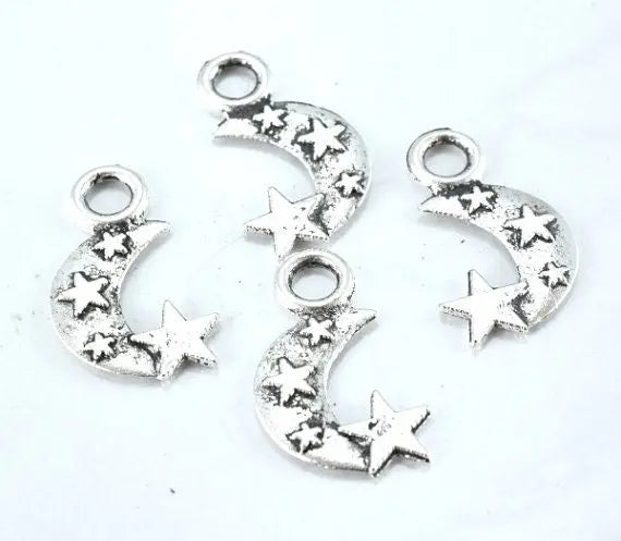 19m Antique Silver Moon Stars Pendant Charm Black accent detailed coloring 3mm Closed loop 25pcs/PK 1mm thickness - BeadsFindingDepot