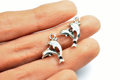 Decorative Textured Silver Double Dolphin Pendant Charm Size 19x13mm Finding Charm For Jewelry Making 16PCs/PK - BeadsFindingDepot