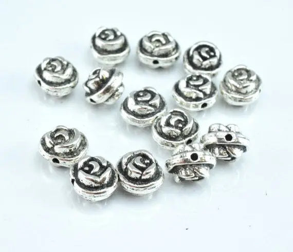 7x10mm Antique Silver Rosette Alloy Beads Black Accent Decorative Design Detail 14pcs/PK double hole size 0.5mm 6mm thickness - BeadsFindingDepot