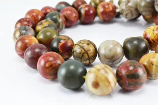 Multicolored jasper gemstone beads necklace on white background.