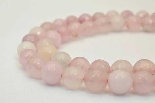 Rose quartz beaded necklace close-up.