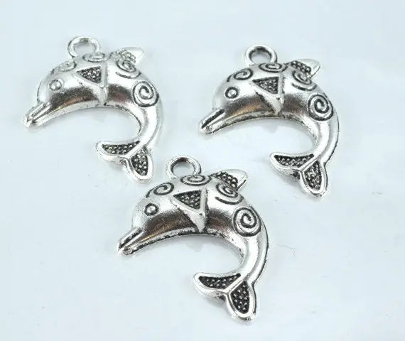 31x23mm Decorative Textured Antique Silver Dolphin Pendant Charm, 8pcs/Pk,3mm hole opening,2mm thickness - BeadsFindingDepot