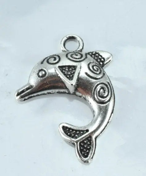 31x23mm Decorative Textured Antique Silver Dolphin Pendant Charm, 8pcs/Pk,3mm hole opening,2mm thickness - BeadsFindingDepot
