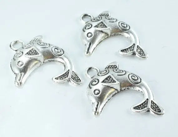 31x23mm Decorative Textured Antique Silver Dolphin Pendant Charm, 8pcs/Pk,3mm hole opening,2mm thickness - BeadsFindingDepot