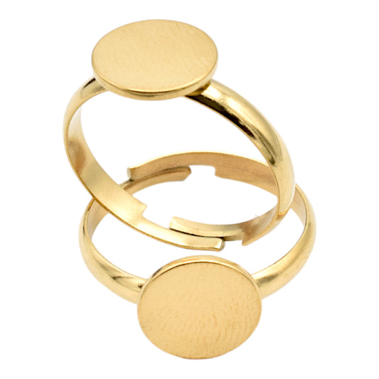 Gold adjustable ring set with circular disk design.