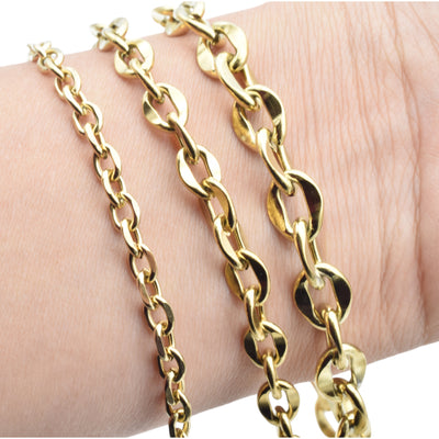 Gold chain bracelets on wrist, close-up.
