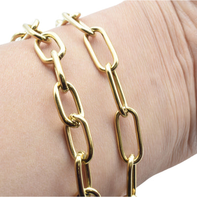 Gold chain link bracelet on wrist.