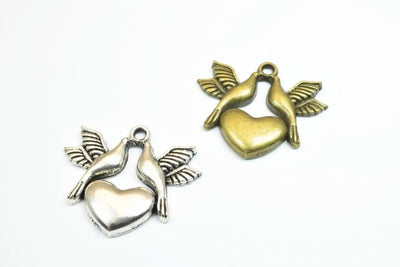 4 PCs Dove Birds Heart Bronze/Silver Alloy Charm Beads Size 29.5x33mm Decorative Design Beads 2mm JumpRing Size for Jewelry Making - BeadsFindingDepot