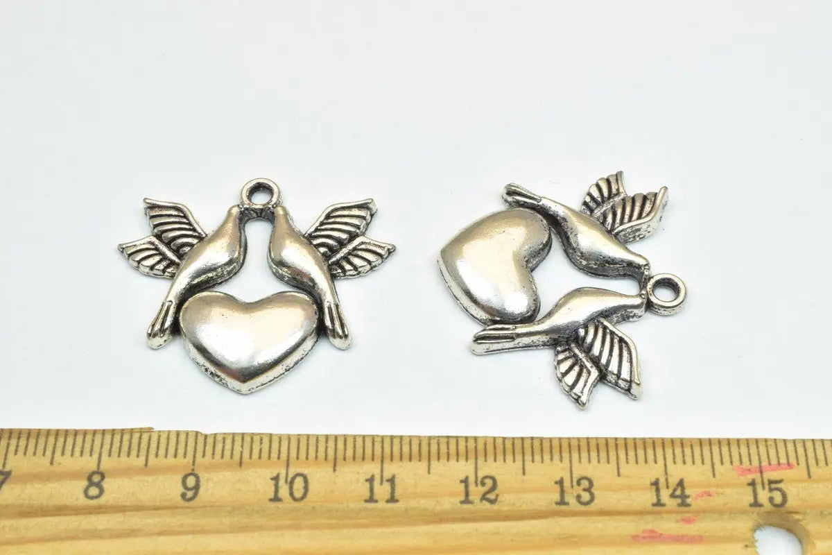 4 PCs Dove Birds Heart Bronze/Silver Alloy Charm Beads Size 29.5x33mm Decorative Design Beads 2mm JumpRing Size for Jewelry Making - BeadsFindingDepot