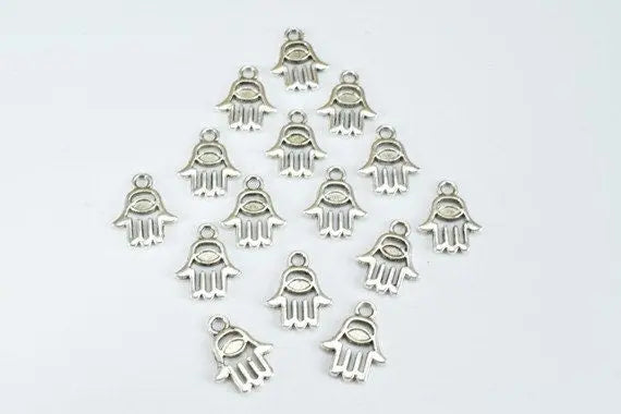 Silver Alloy Hamsa Hand Charm Beads Antique Silver Decorative Design Metal Beads Size 14x10.5mm 2mm Bail Opening for Jewelry Making - BeadsFindingDepot