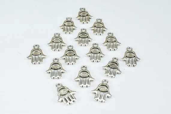 Silver Alloy Hamsa Hand Charm Beads Antique Silver Decorative Design Metal Beads Size 14x10.5mm 2mm Bail Opening for Jewelry Making - BeadsFindingDepot