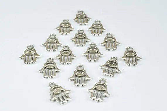 Silver Alloy Hamsa Hand Charm Beads Antique Silver Decorative Design Metal Beads Size 14x10.5mm 2mm Bail Opening for Jewelry Making - BeadsFindingDepot