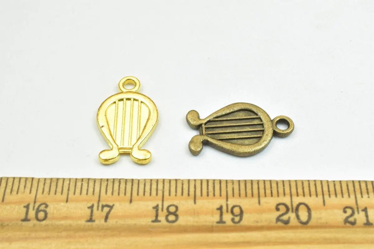 14PCs Harp Musical Instruments Charm Pendants Bronze/Gold/Silver Beads Base Metal Alloy Size 18x11mm Jump Ring Size 2mm For Jewelry Making - BeadsFindingDepot